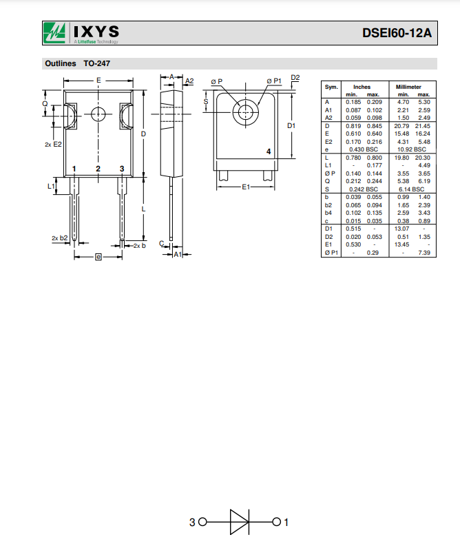 Technical drawing and specifications diagram for DSEI60-06A electronic component from The Component Centre