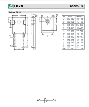 Technical drawing and specifications diagram for DSEI60-06A electronic component from The Component Centre