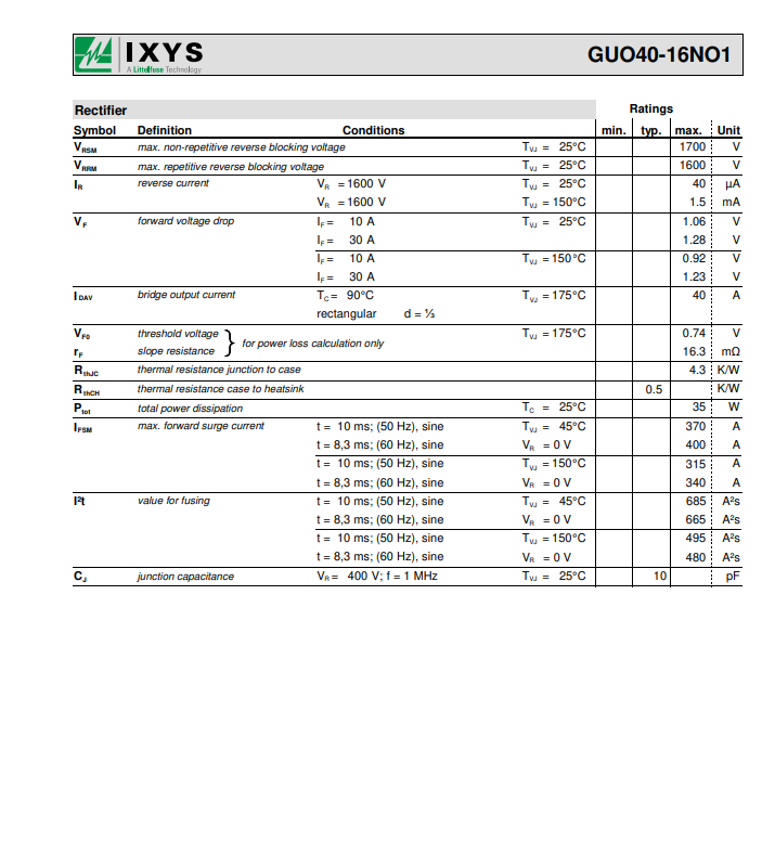IXYS GUO40-16N01 rectifier datasheet with electrical ratings and specifications