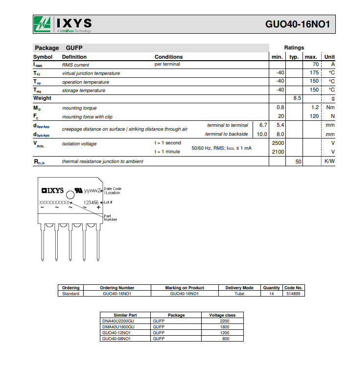 IXYS GUO40-16N01 GUO40 electronic component datasheet with electrical ratings and pin configuration