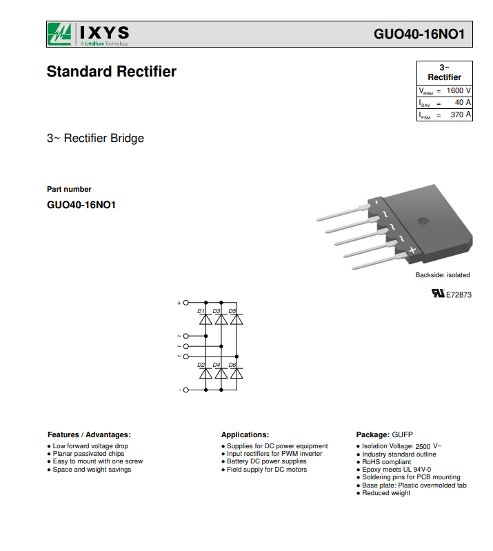 IXYS GUO40-16NO1 standard rectifier bridge with low voltage drop and planar passivated chips