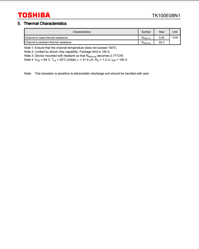 Thermal characteristics specification sheet for Toshiba transistor model K100E08N1 showing channel-to-case and channel-to-ambient thermal resistance values