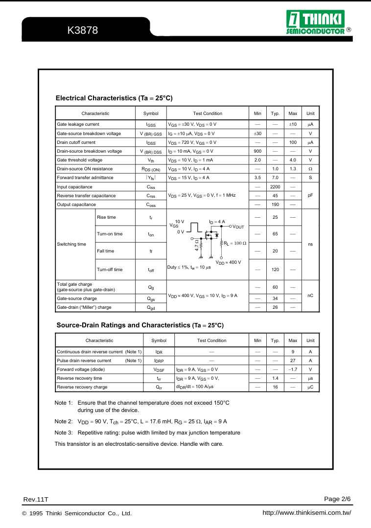 Technical datasheet for K3878 transistor showing electrical characteristics and source-drain ratings