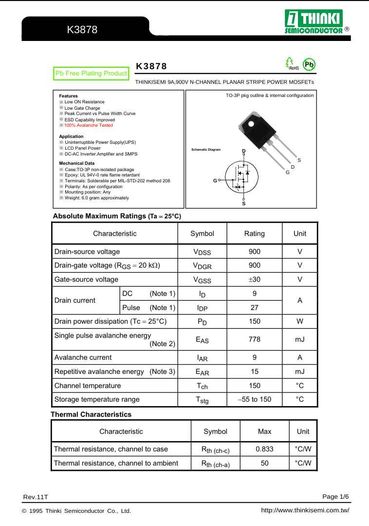 K3878 Thinki 900V N Channel Planar Stripe Power MOSFETs datasheet with electrical ratings and thermal characteristics