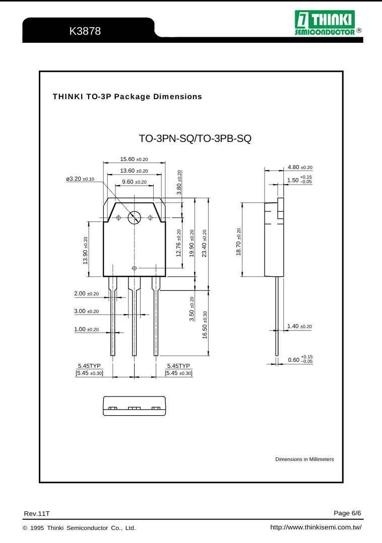 Technical drawing showing package dimensions for Thinki K3878 TO-3PN-SQ TO-3PB-SQ semiconductor component