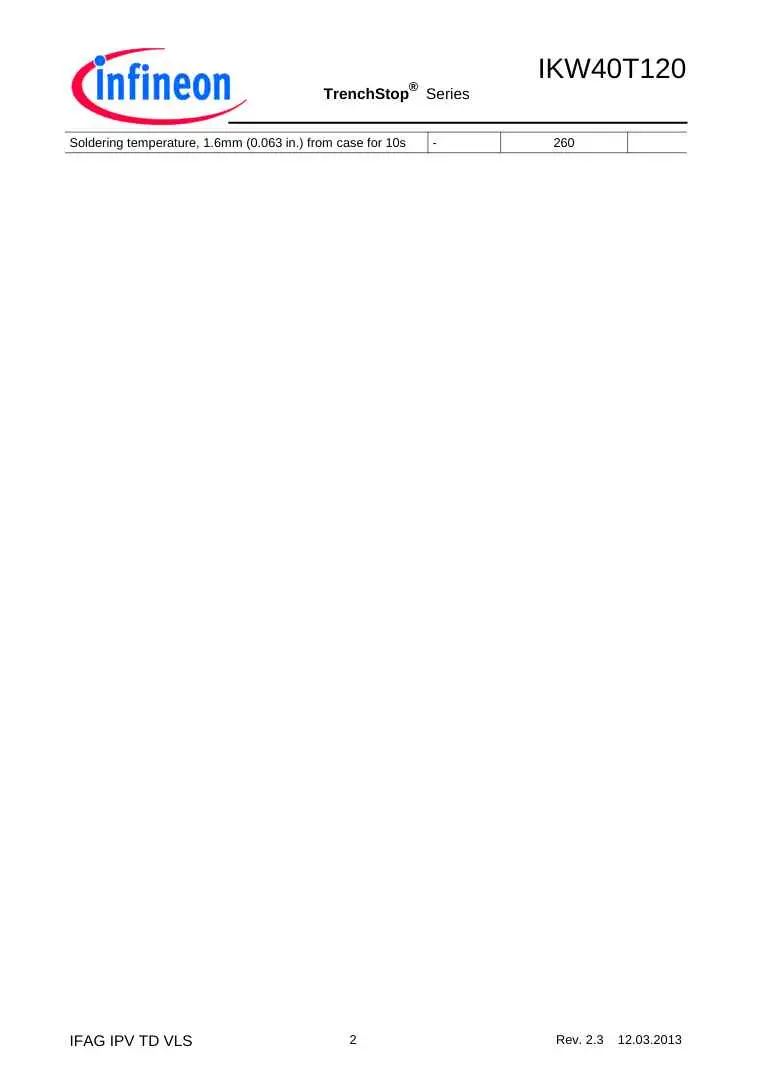 Infineon TrenchStop Series semiconductor datasheet featuring model K40T120 with soldering specifications