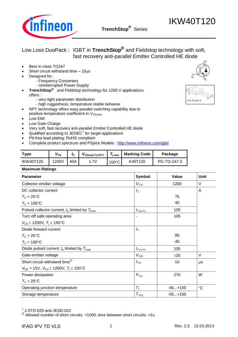 Infineon K40T120 IGBT TrenchStop Technology Power Module Datasheet with specifications