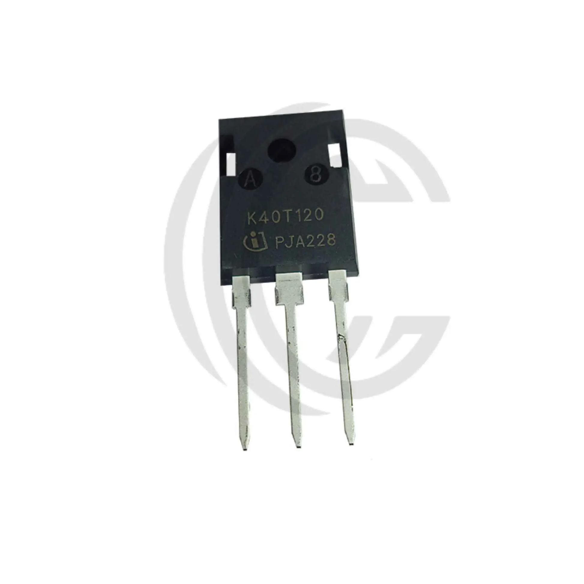 K40T120 transistor with three metal legs and black rectangular body from The Component Centre