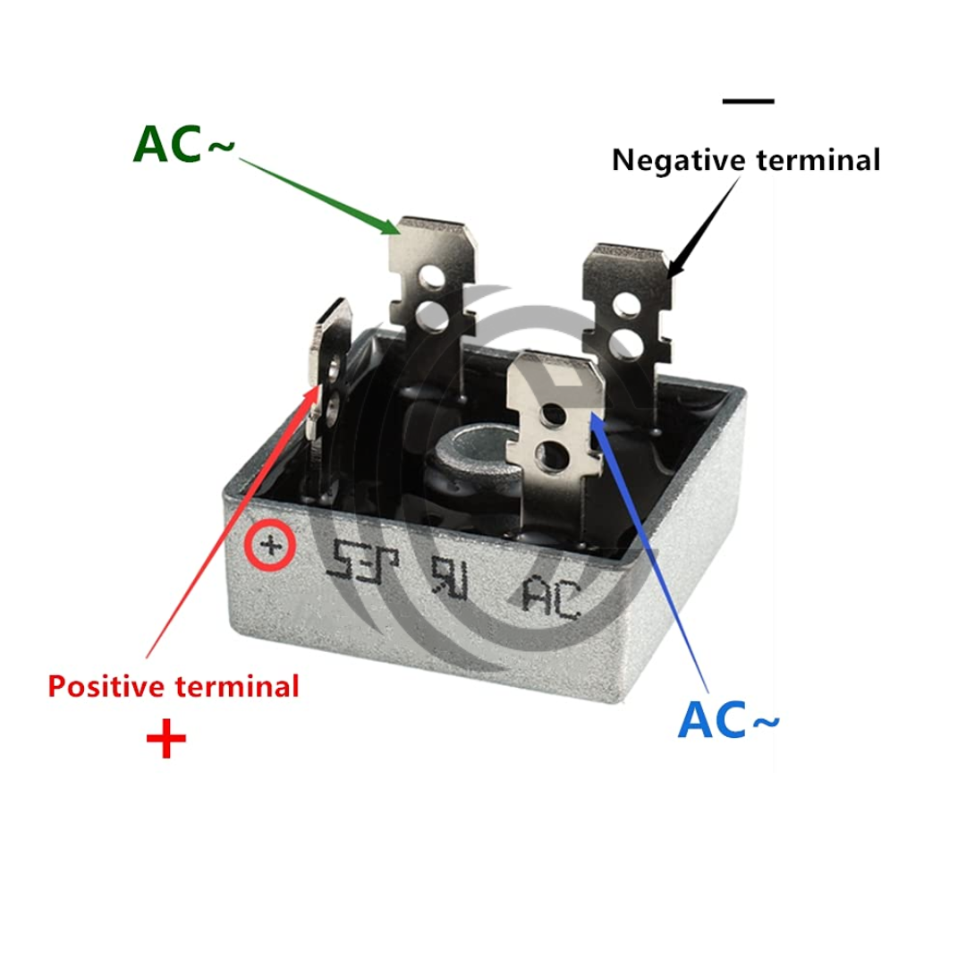KBPC3510 bridge rectifier with labeled positive terminal, negative terminal, and AC input terminals by The Component Centre