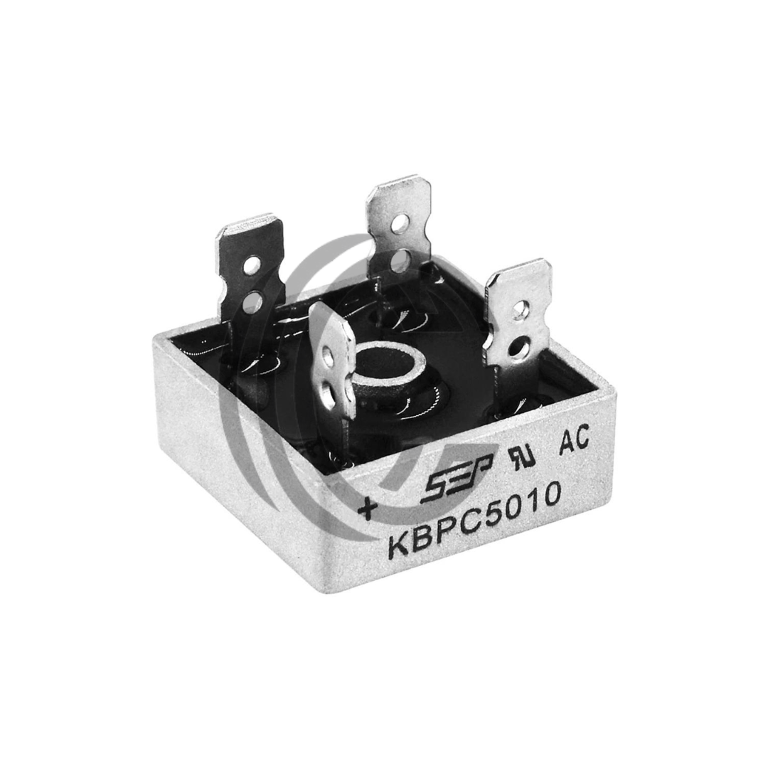KBPC5010 bridge rectifier with four metal terminals and silver casing from The Component Centre