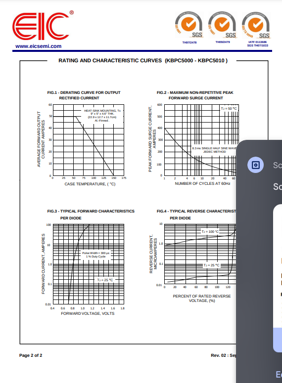 Technical datasheet with rating and characteristic curves for KBPC5010 diode bridge rectifier from The Component Centre