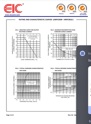 Technical datasheet with rating and characteristic curves for KBPC5010 diode bridge rectifier from The Component Centre