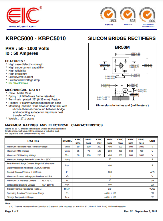 Technical specification sheet for KBPC5010 silicon bridge rectifier by The Component Centre