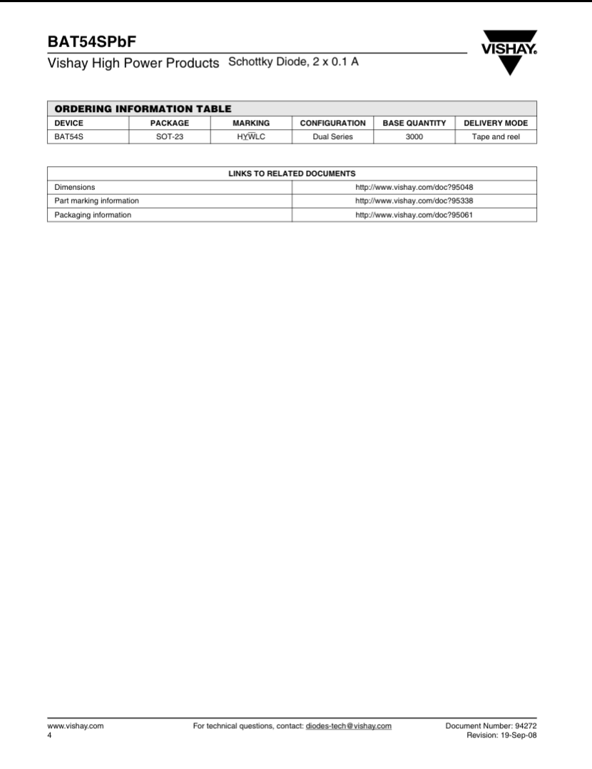 Vishay BAT54SPbF Schottky Diode datasheet page showing ordering information and part details by The Component Centre with keyword L44