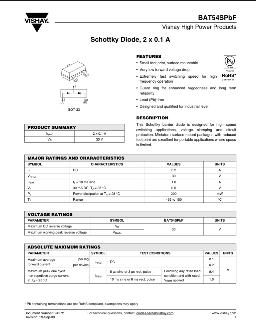 Vishay BAT54SPbF Schottky diode datasheet showing technical specifications and features for L44 model