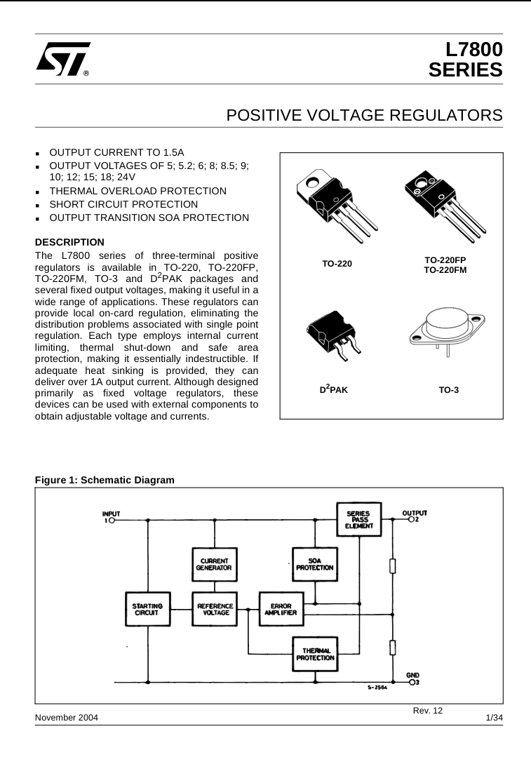 L7805 positive voltage regulator datasheet page showing output current, voltage options, package types, and schematic diagram