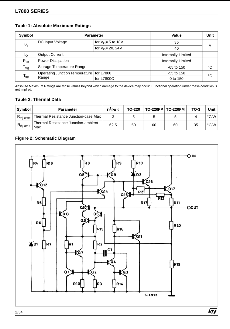L7805 voltage regulator electrical schematic diagram plus absolute maximum ratings and thermal data tables