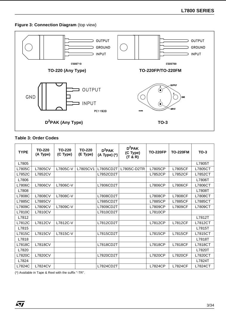 L7805 voltage regulator connection diagram showing TO-220 and TO-3 package pinouts and order codes