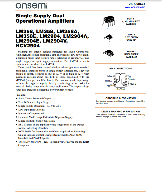 Datasheet page of LM358 single supply dual operational amplifier with pin configuration and features
