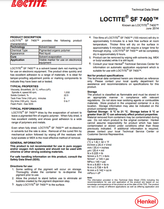 Loctite SF 7400 solvent-based red marking ink technical data sheet by The Component Centre
