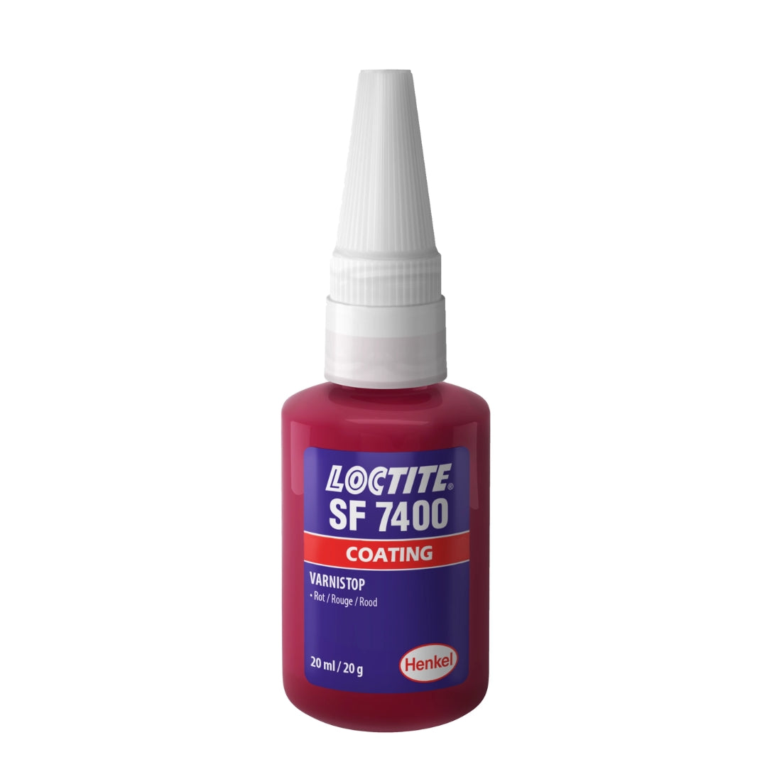 Loctite SF 7400 varnish coating bottle with white cap and red and blue label from The Component Centre