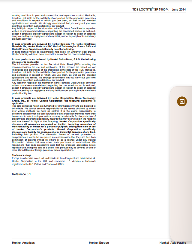 Technical data sheet page for Loctite SF 7400 detailing product usage and safety information
