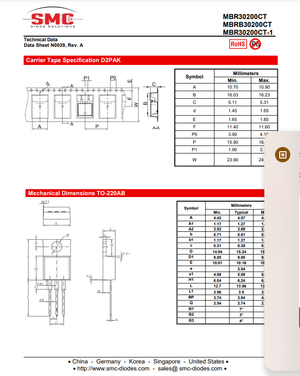 Technical datasheet for MBR3020CT diode with carrier tape and mechanical dimensions from The Component Centre