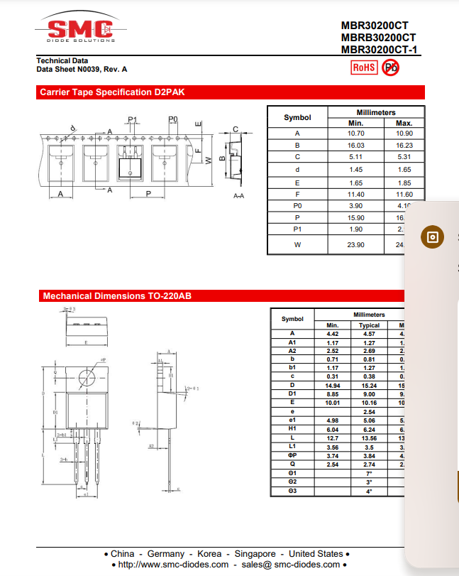 Technical datasheet for MBR3020CT diode with carrier tape and mechanical dimensions from The Component Centre