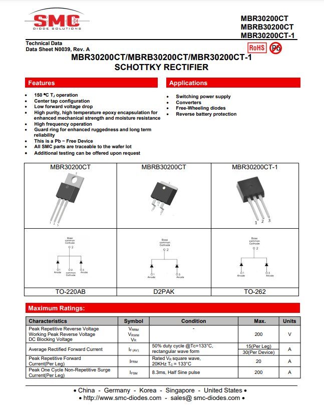 Technical datasheet for MBR3020CT Schottky Rectifier showing features, applications, packages, and maximum ratings