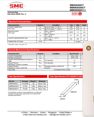 Technical data sheet for MBR3020CT diode showing electrical characteristics thermal specifications and tube packaging details
