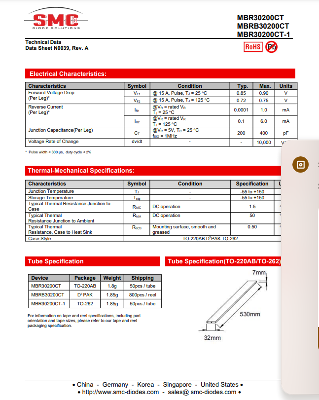 Technical data sheet for MBR3020CT diode showing electrical characteristics thermal specifications and tube packaging details