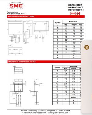 Technical data sheet diagram showing mechanical dimensions for MBR3020CT diode in DPAK and TO-262 packages