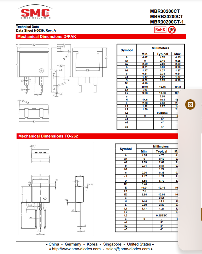 Technical data sheet diagram showing mechanical dimensions for MBR3020CT diode in DPAK and TO-262 packages