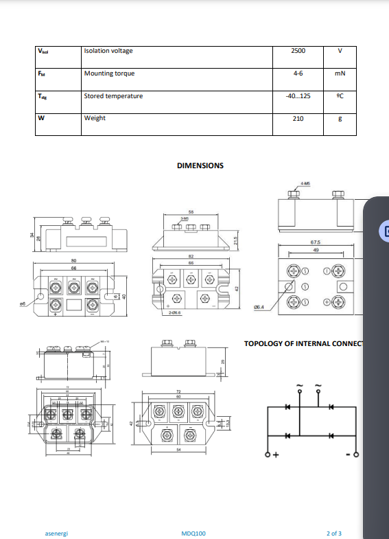Technical specification and dimension diagram for the MDQ100 component from The Component Centre