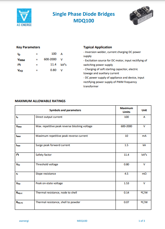 MDQ100 Single Phase Diode Bridge specifications and maximum allowable ratings datasheet