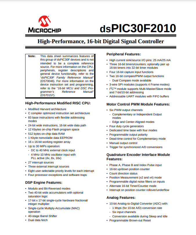 Microchip dsPIC30F2010 16-bit digital signal controller datasheet with features and specifications