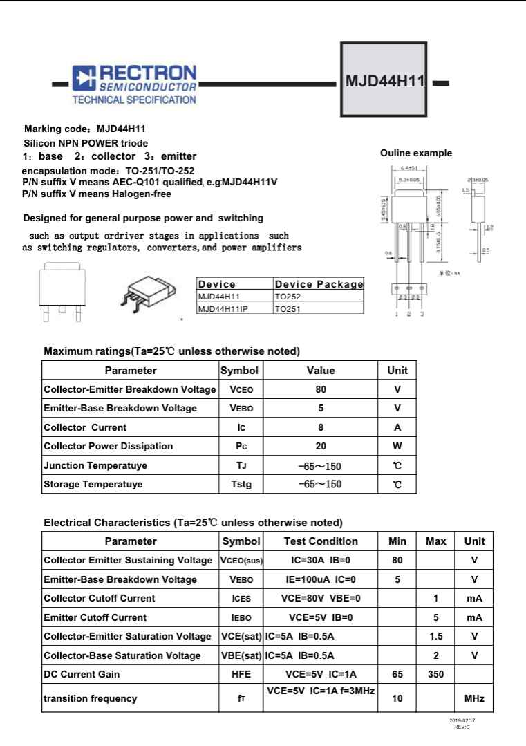 Technical specification sheet for MJD44H11 silicon NPN power triode transistor