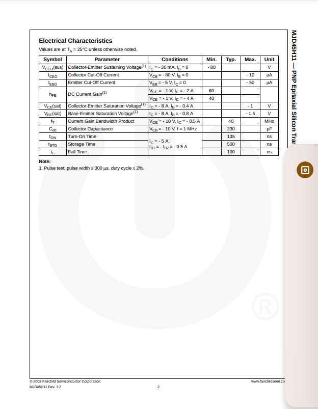 Electrical characteristics datasheet page for MJD45H11 PNP epitaxial silicon transistor