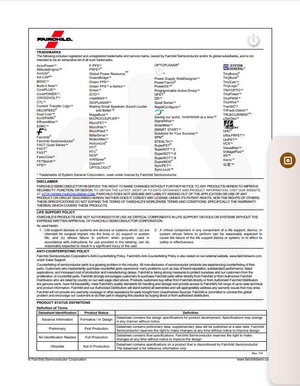 Fairchild Semiconductor product trademark and disclaimer information document from The Component Centre featuring MJD45H11 keyword