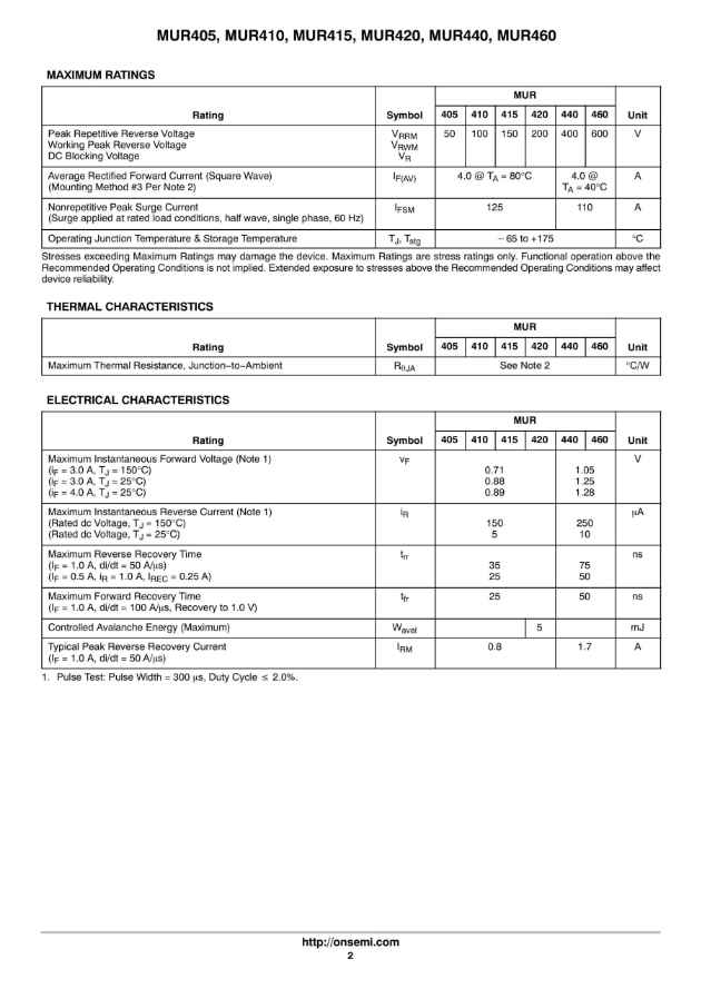 Technical datasheet page showing maximum ratings thermal characteristics and electrical specifications for MUR405 and related components