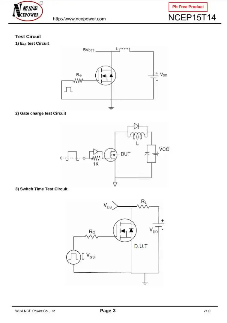 Technical test circuit diagrams for NCEP15T14 transistor component by The Component Centre