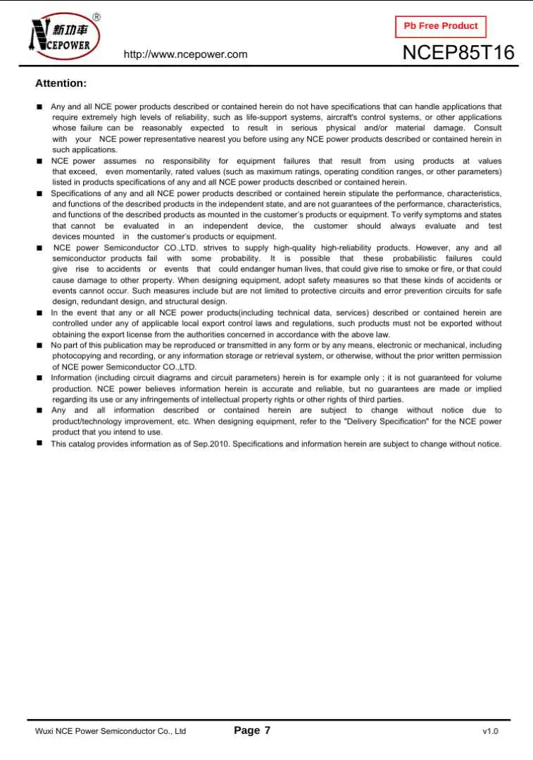 NCEP85T16 semiconductor product datasheet page from The Component Centre with technical specifications and usage guidelines
