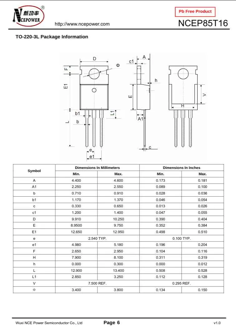 Technical drawing and dimensions chart for NCEP85T16 semiconductor TO-220-3L package from The Component Centre