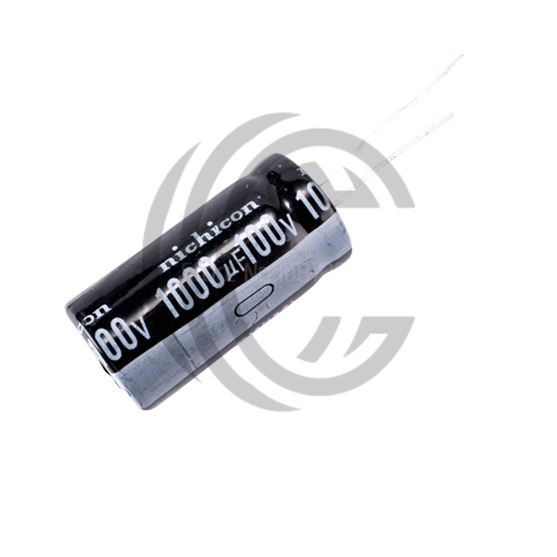 Nichicon electrolytic capacitor rated 100V 1000uF with two wire leads for electronic circuits