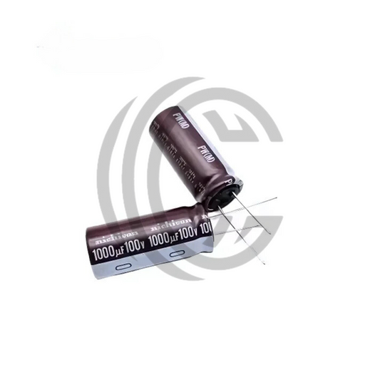 Two 100V 1000uF electrolytic capacitors with leads for electronic circuits