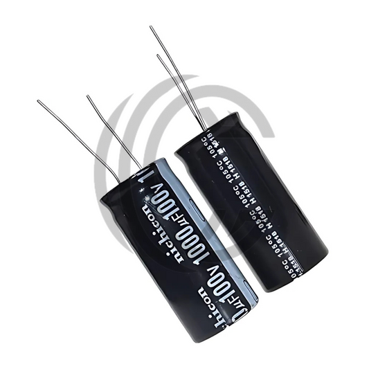 100V 1000uF black capacitor pair from The Component Centre with long metal leads