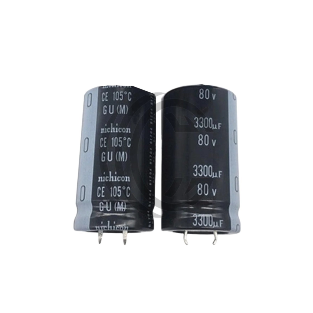 Two black 3300uF 80V aluminum electrolytic capacitors with silver markings and leads
