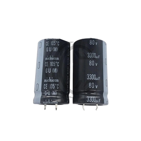 Two black 3300uF 80V aluminum electrolytic capacitors with silver markings and leads