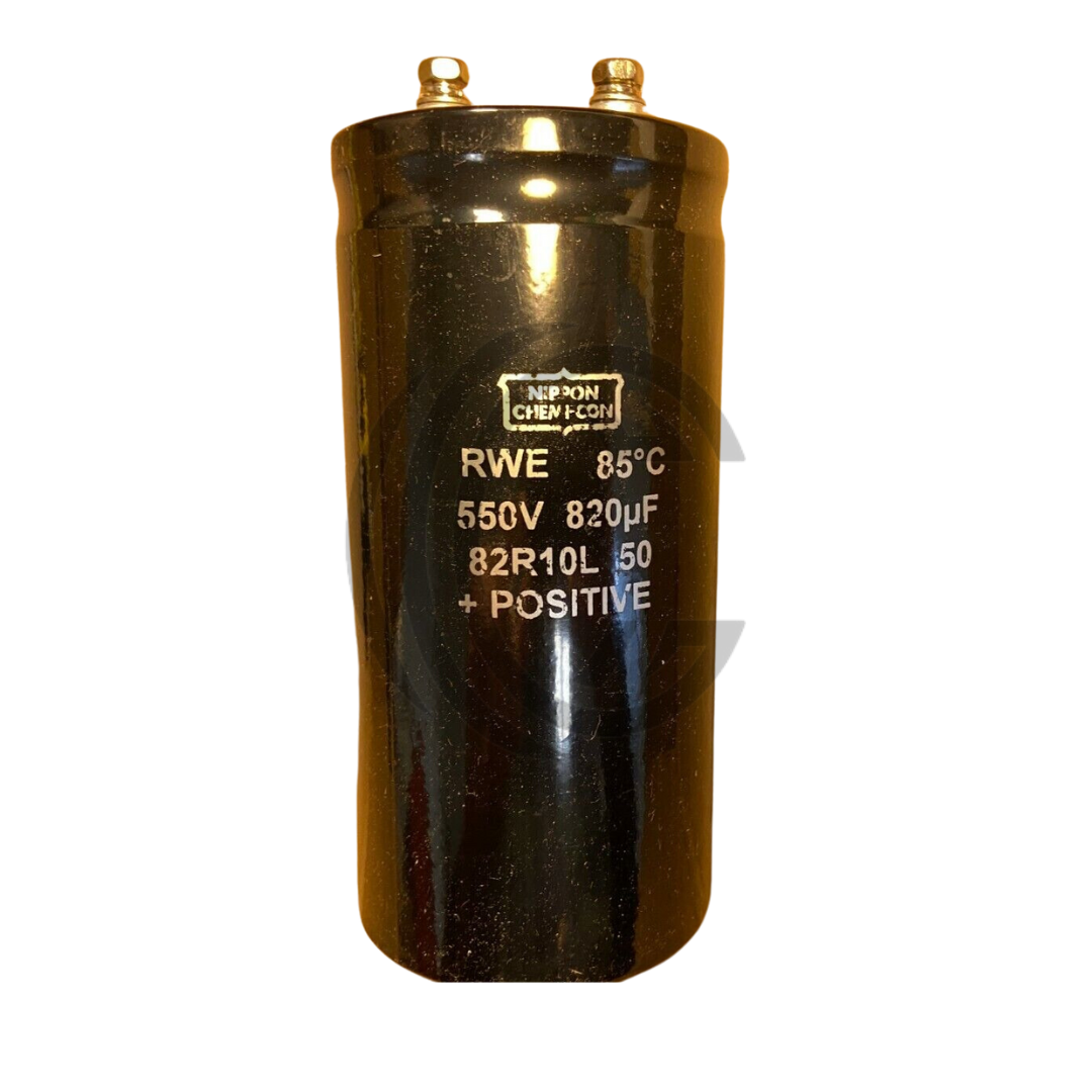 820uF 550V Nippon Chemi-Con RWE series black electrolytic capacitor with positive terminal