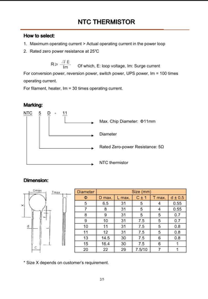 Technical datasheet page for NTC10D11 thermistor showing selection guidelines, marking, and dimensions
